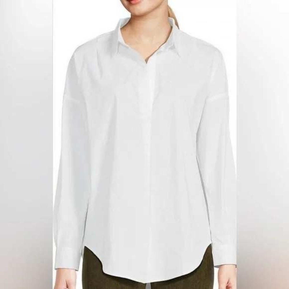 Magaschoni Womens White Oversized 3/4 Button Down‎ Shirt Cotton Blend Size Small